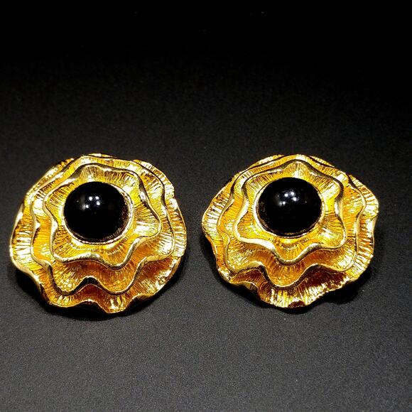 Gold Plated 1950s Musi Floral Shoe Clips, Black Lucite Cabochons - Picture 8 of 8